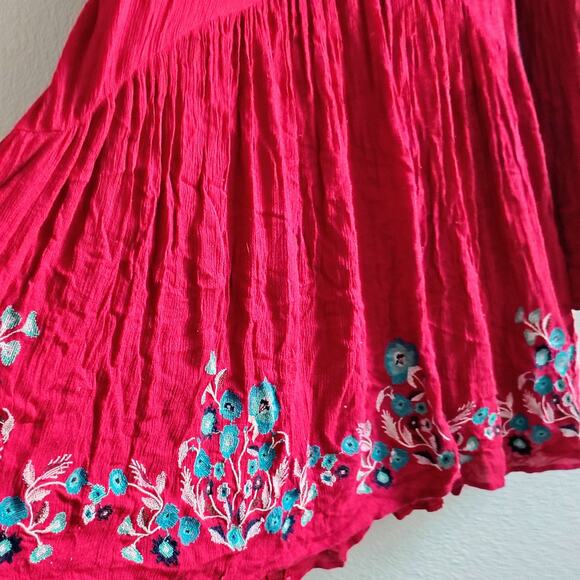 Free People Large? Red Embroider TeAmo Bell Sleeve Babydoll Mini Dress Boho READ - Picture 6 of 12